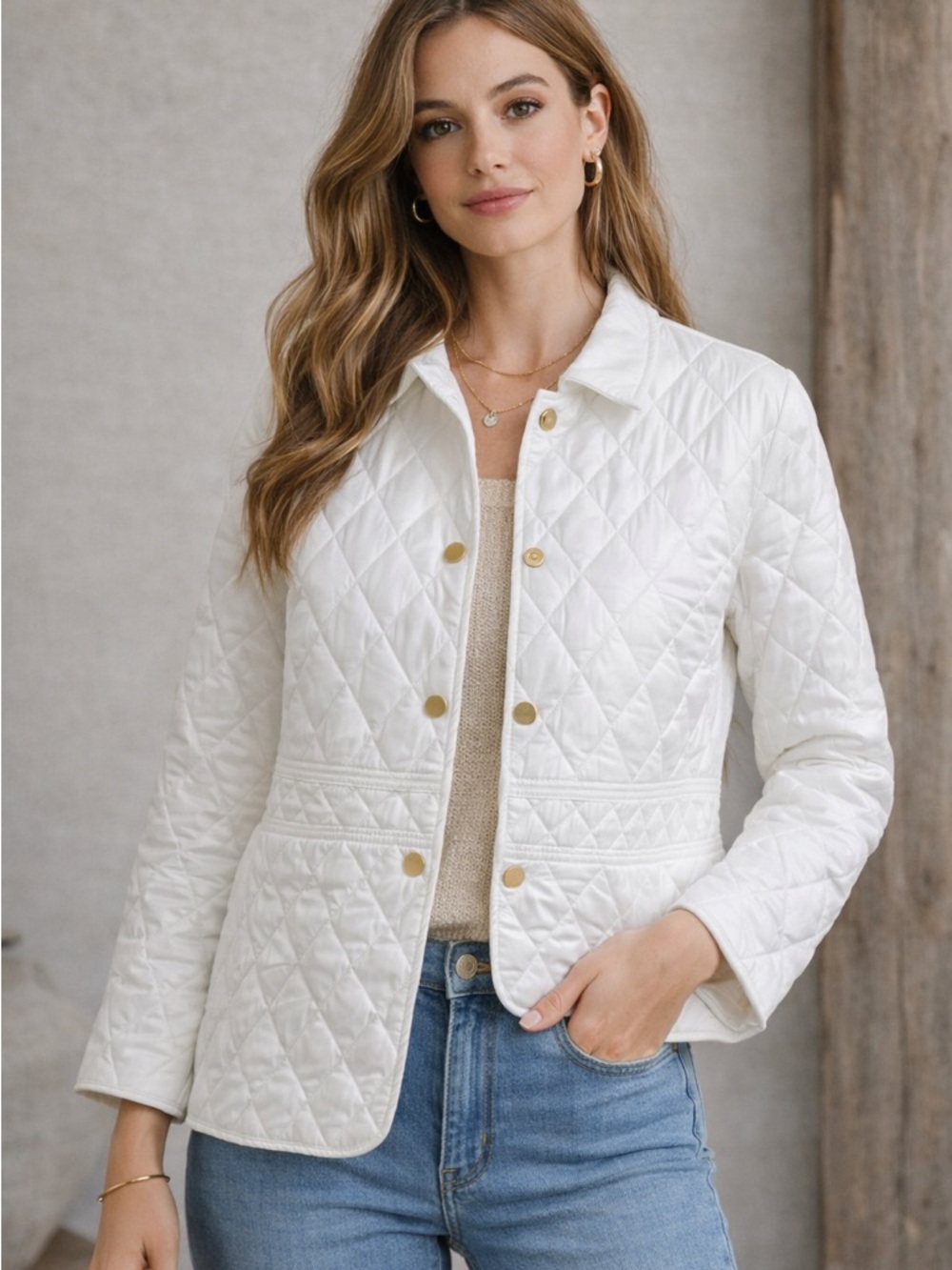 Jane Post NYC White Quilted Jacket XL Lightweight Snap Front Coat